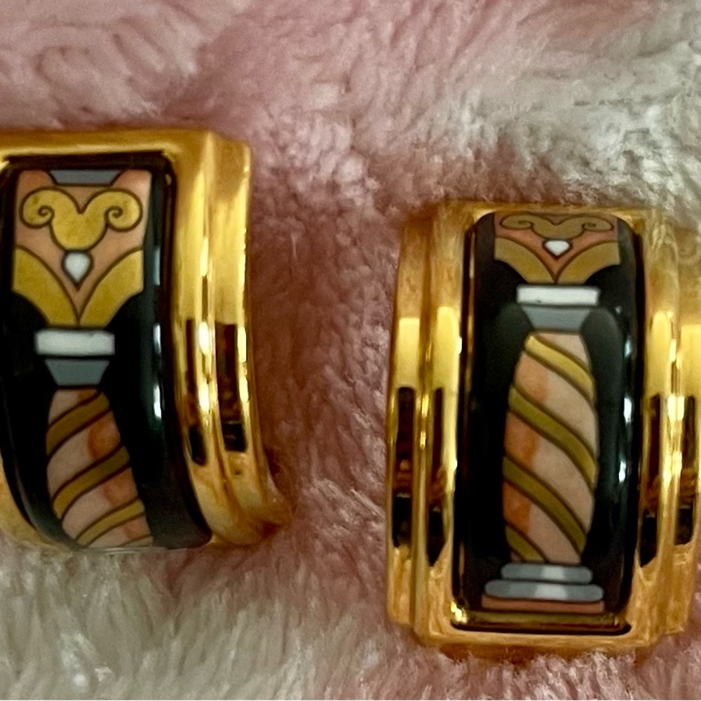 HERMES Emille Earring Gold Plated Cloisonne Black / gold clip on earrings